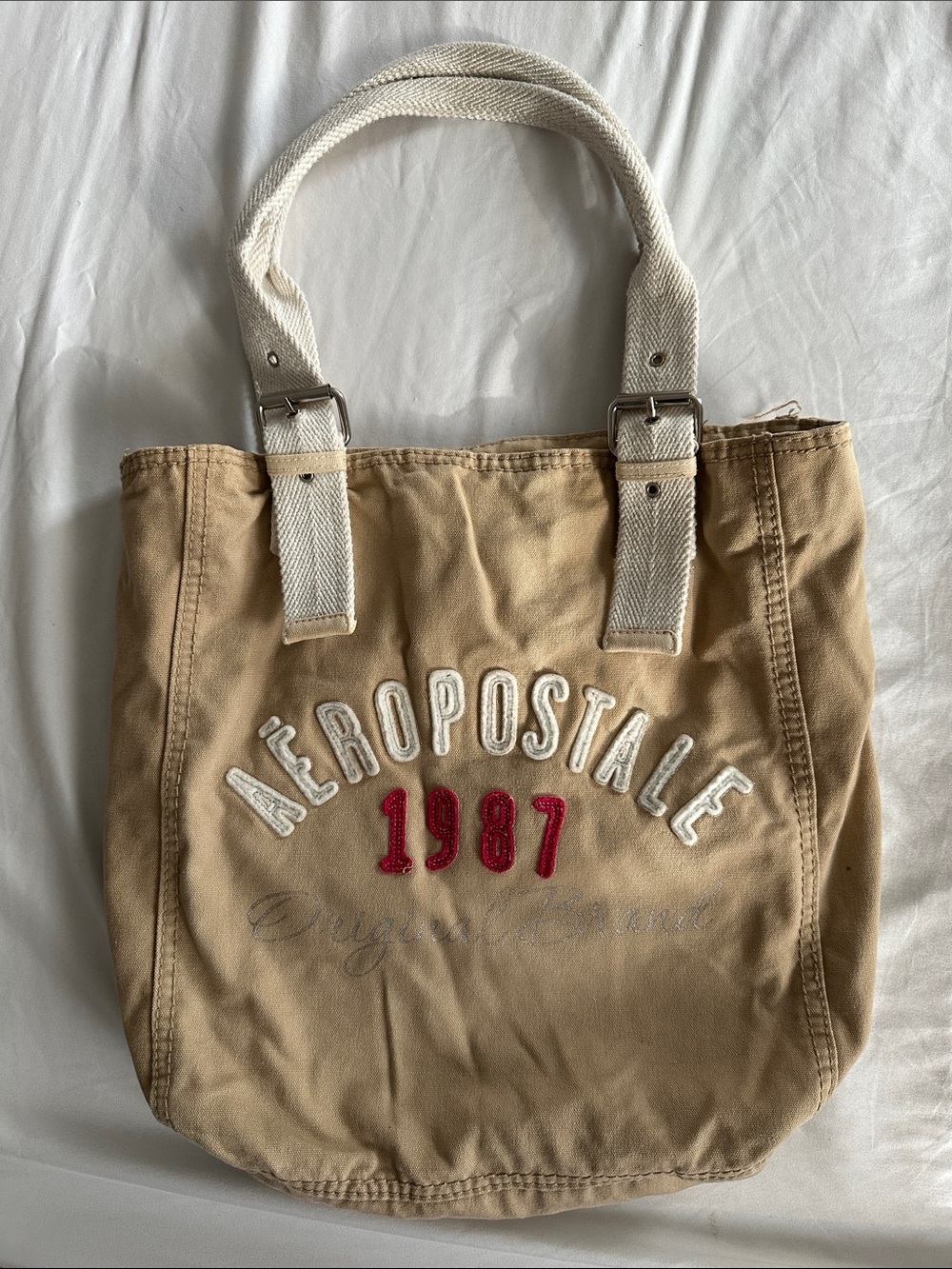 Y2K Aeropostale Khaki Canvas Messenger Tote with White Straps